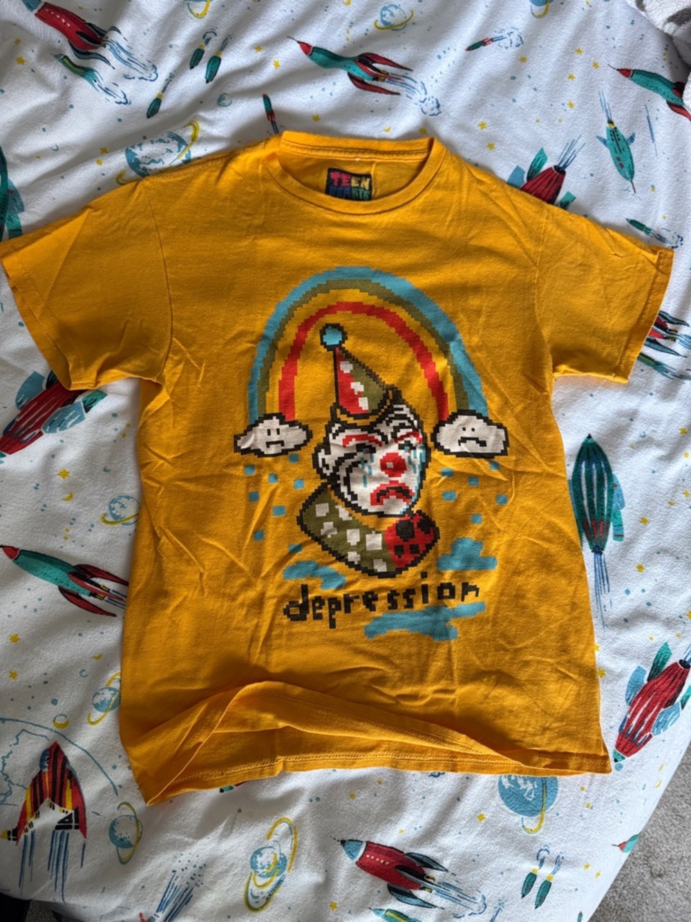 Sad Pixel Clown Depression Teen Hearts yellow t-shirt